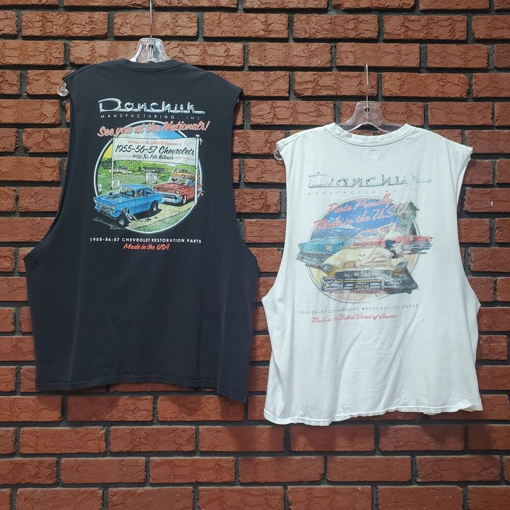 VTG Danchuk Cutoff Muscle Shirt XL Lot of 2 Thrashed Chevy Hot Rod Classic Car